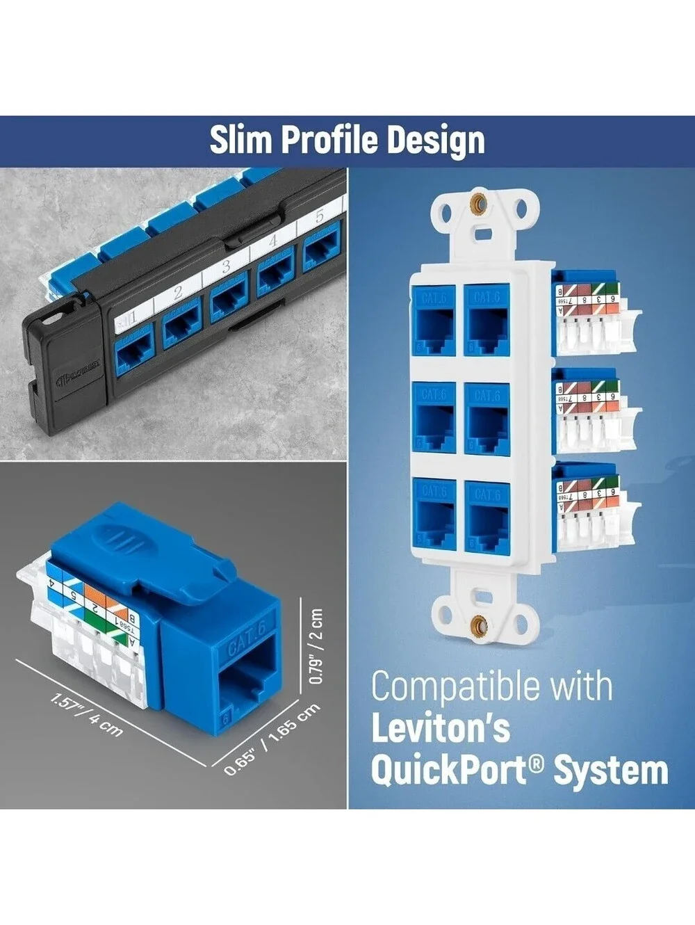 Everest Cat6 RJ45 Keystone Jacks 45-Degree Slim Blue 100-Pack